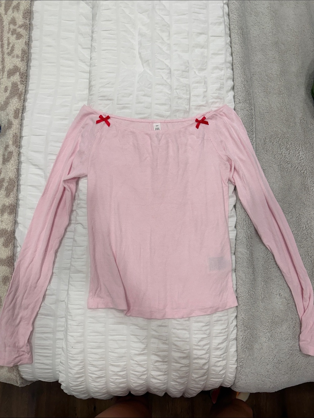 Cotton On Light Pink Long Sleeve Top with Red Bow Details